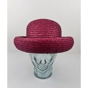 VTG Laura Ashley Italy Pink Red Raffia Straw Hat Rolled Brim Coche Style Cottage